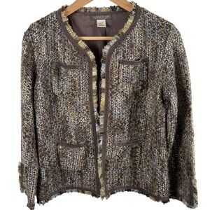 Sigrid Olsen Petite Sm Boucle Tweed Jacket Brown Blue Open Front Coastal Grandma